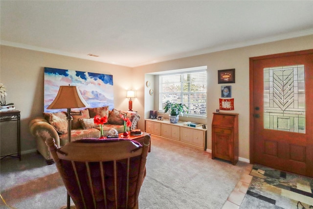 living area featuring baseboards, light colored carpet, and crown molding