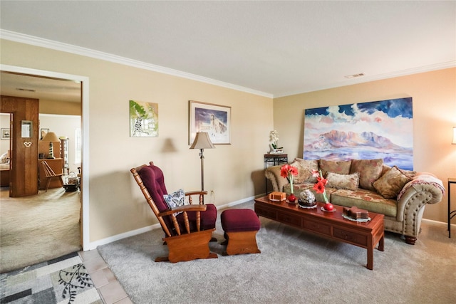 living room featuring light tile patterned flooring and crown molding