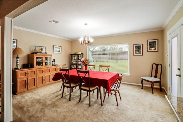 dining space with light colored carpet, crown molding, and a notable chandelier