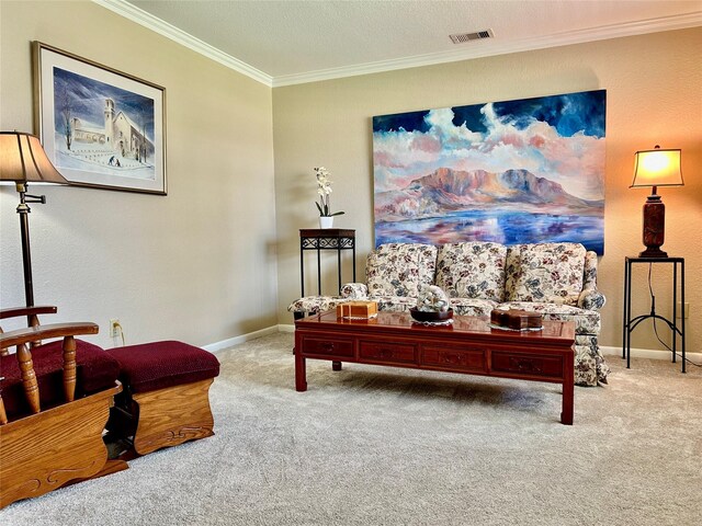 living room with crown molding, carpet, visible vents, and baseboards