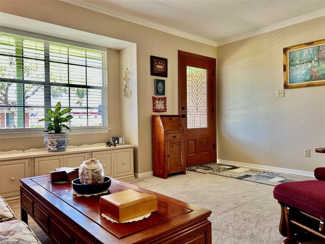 interior space with light carpet, baseboards, and ornamental molding