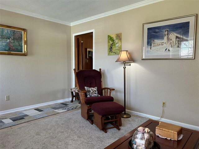 sitting room with baseboards and ornamental molding