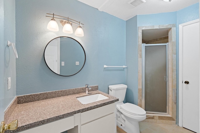 bathroom featuring tile patterned flooring, vanity, toilet, and an enclosed shower