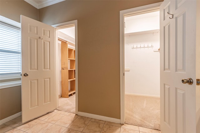 hallway with crown molding and light colored carpet