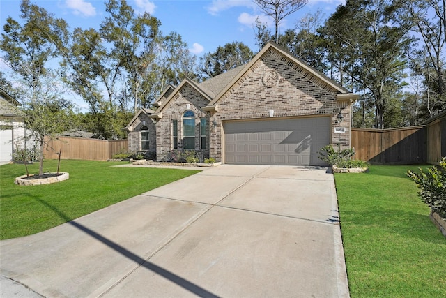 view of front of property with a garage and a front lawn