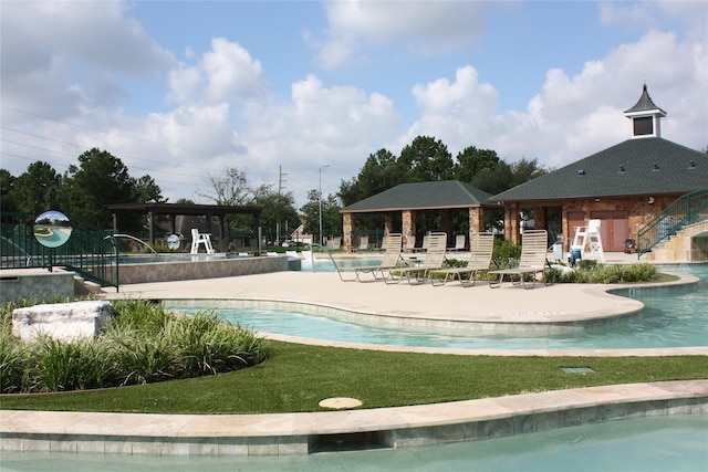 view of swimming pool with a gazebo, a patio area, and a yard