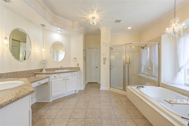 bathroom with vanity, an inviting chandelier, tile patterned flooring, ornamental molding, and independent shower and bath