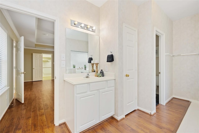 bathroom featuring crown molding, hardwood / wood-style floors, and vanity