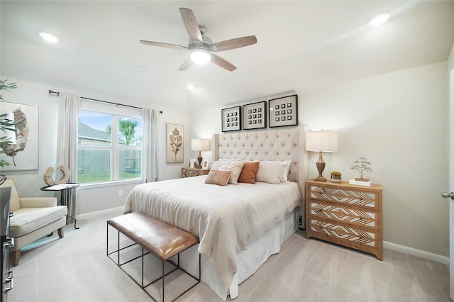 carpeted bedroom with ceiling fan