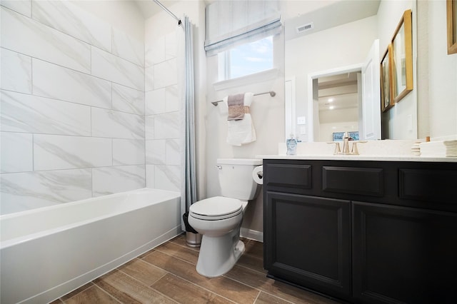 full bathroom with vanity, toilet, and shower / bathtub combination with curtain