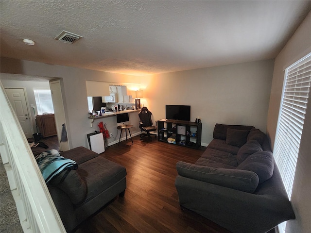 living room with wood-type flooring and a textured ceiling