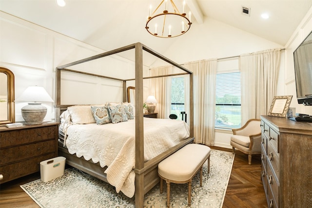 bedroom featuring dark parquet flooring, high vaulted ceiling, a notable chandelier, and beam ceiling