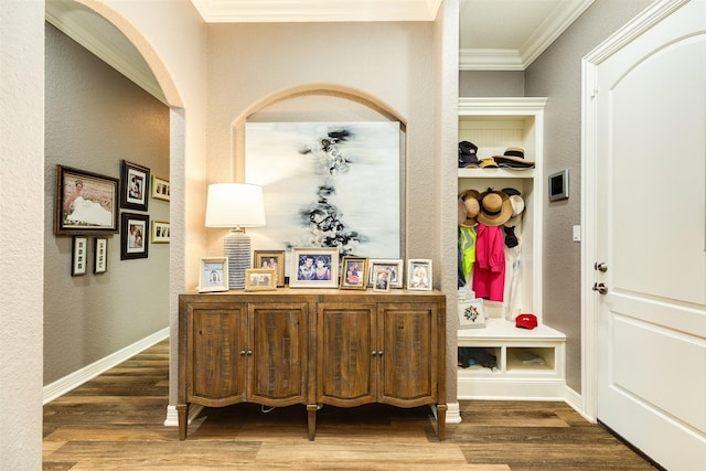 mudroom featuring hardwood / wood-style flooring and ornamental molding