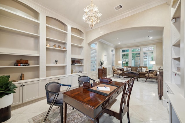 tiled dining area featuring built in shelves, a chandelier, and ornamental molding