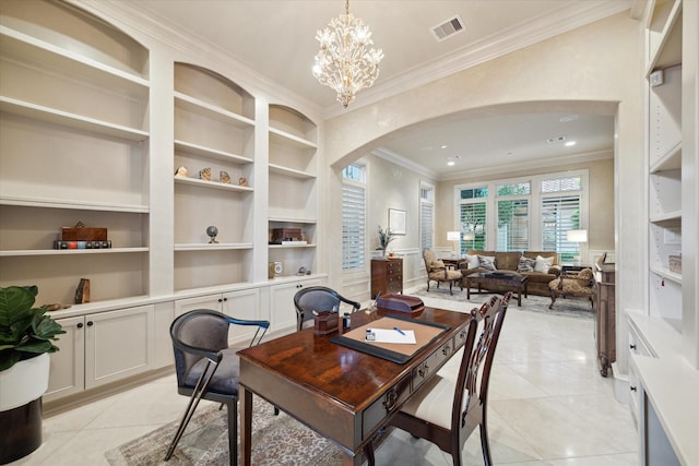 tiled dining area featuring crown molding, an inviting chandelier, and built in shelves