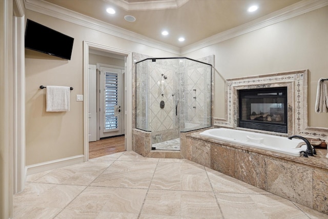 bathroom featuring crown molding and plus walk in shower