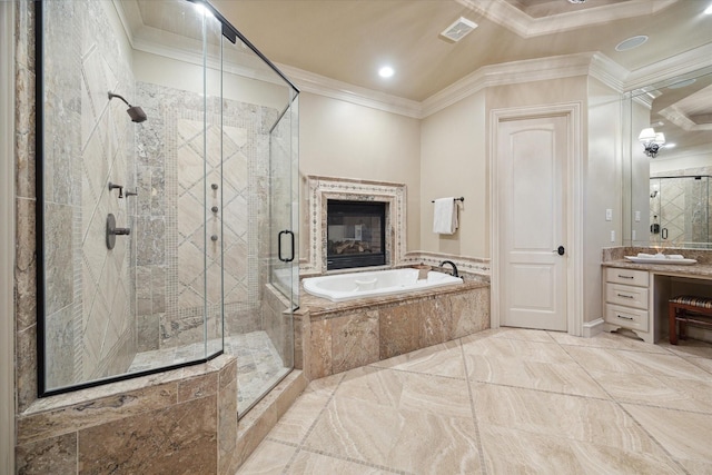 bathroom featuring crown molding, vanity, and independent shower and bath