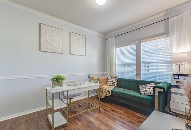 home office featuring crown molding and dark wood-type flooring