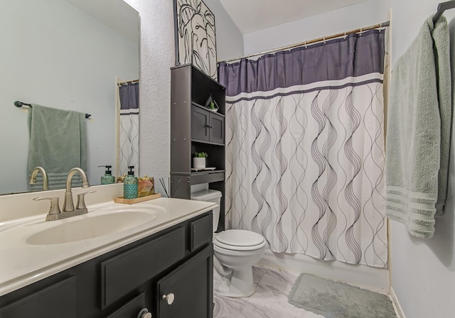 full bathroom featuring vanity, toilet, and shower / bathtub combination with curtain