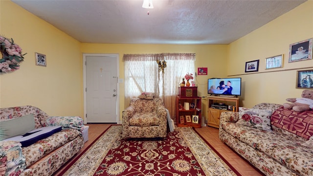 living room featuring light parquet flooring and a textured ceiling