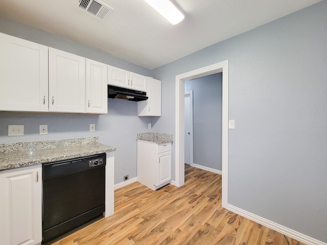 kitchen with white cabinetry, light stone counters, dishwasher, and light wood-type flooring