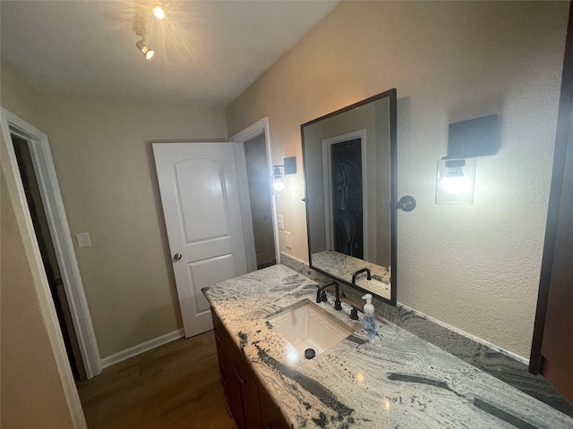 bathroom with hardwood / wood-style floors and vanity