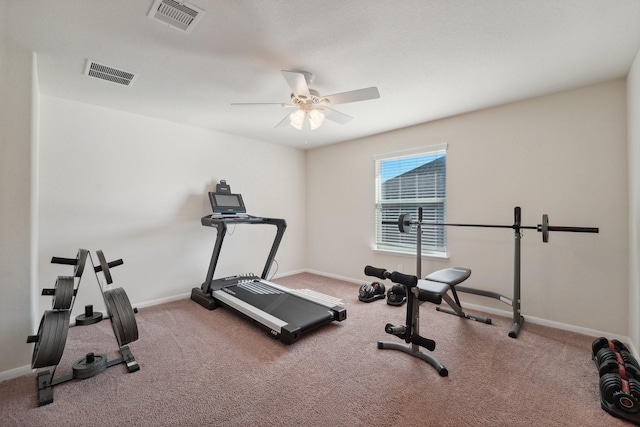 workout room with carpet floors and ceiling fan