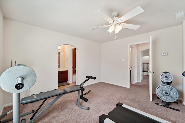 workout area featuring ceiling fan and carpet