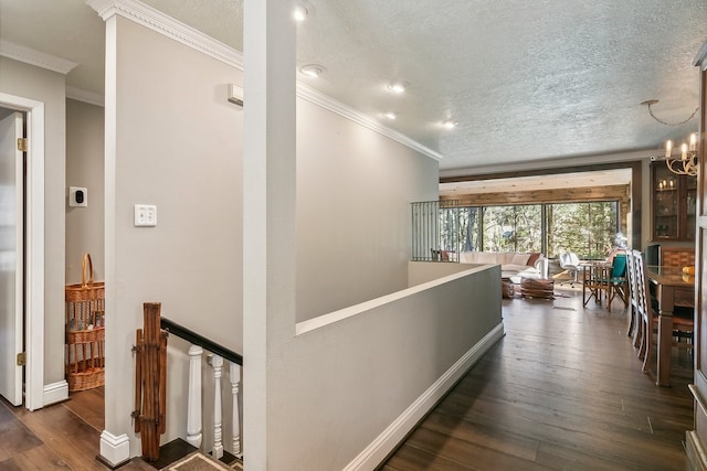 hallway with a chandelier, dark wood-type flooring, a textured ceiling, and ornamental molding