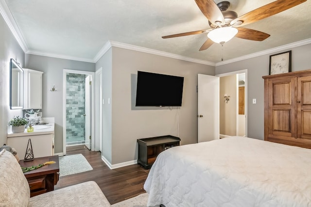 bedroom featuring a ceiling fan, ornamental molding, dark wood-style floors, and baseboards