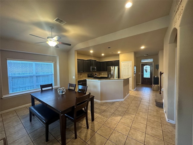 dining area featuring recessed lighting, visible vents, light tile patterned floors, baseboards, and ceiling fan