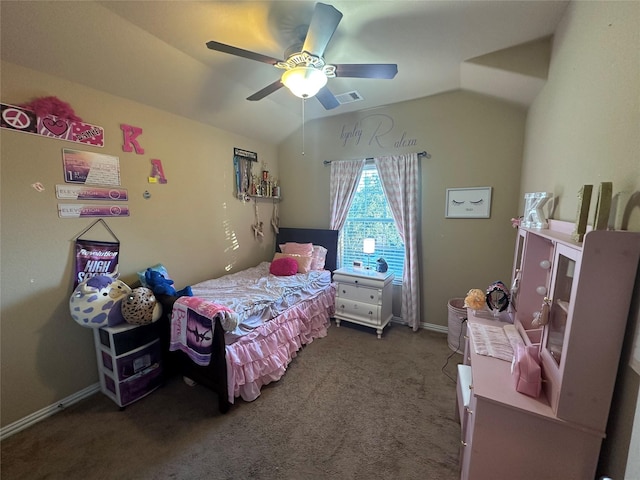 bedroom featuring carpet, vaulted ceiling, visible vents, a ceiling fan, and baseboards