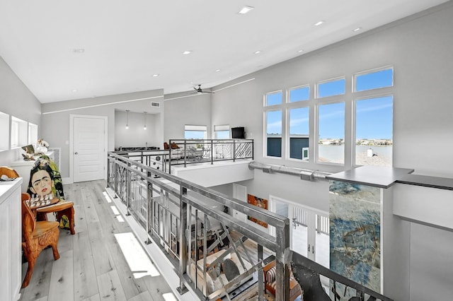 hall featuring a wealth of natural light, lofted ceiling, and light wood-type flooring