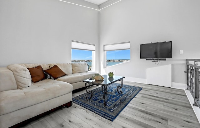 living room with hardwood / wood-style floors and a towering ceiling