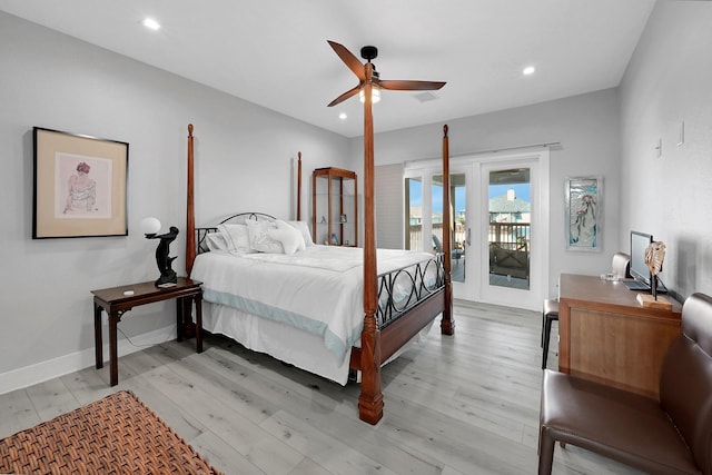 bedroom with access to exterior, ceiling fan, and light hardwood / wood-style floors