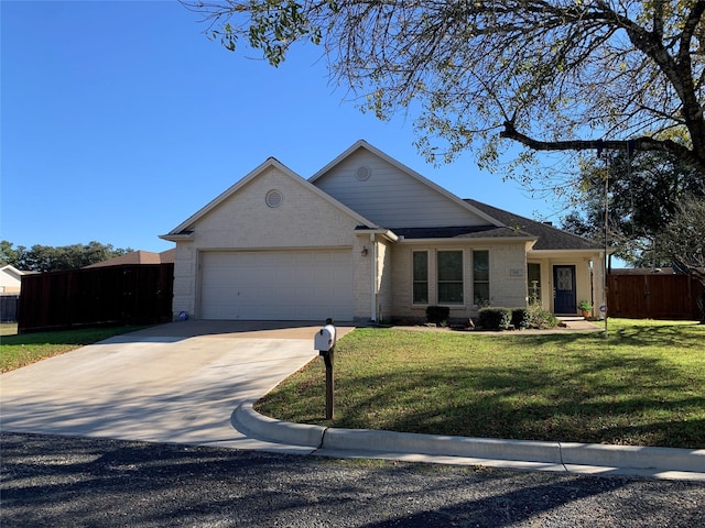 single story home featuring a front yard and a garage