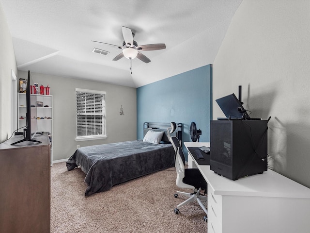 bedroom featuring ceiling fan and carpet floors