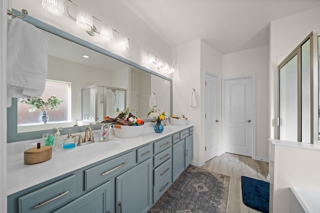 bathroom with hardwood / wood-style flooring, vanity, and an enclosed shower