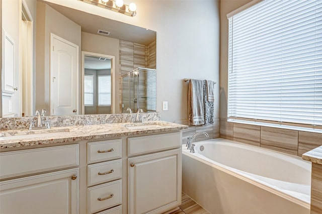 bathroom with a wealth of natural light, vanity, and independent shower and bath