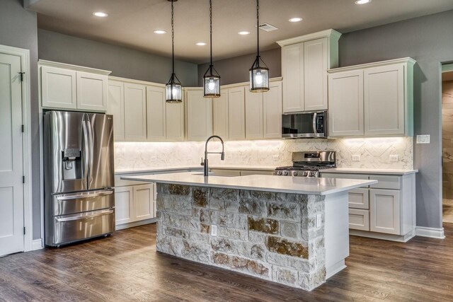 kitchen featuring sink, dark hardwood / wood-style floors, an island with sink, decorative light fixtures, and appliances with stainless steel finishes