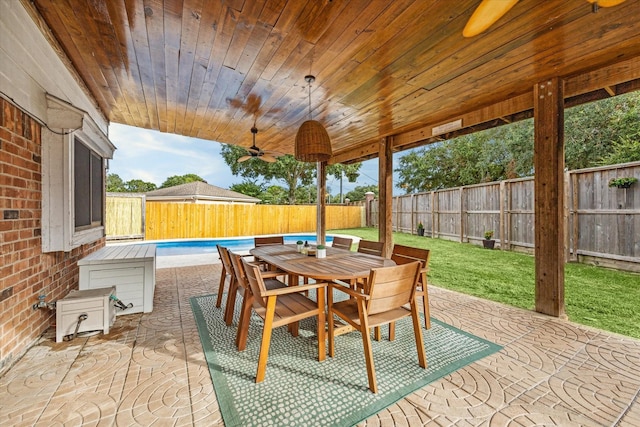 view of patio with a fenced in pool and ceiling fan