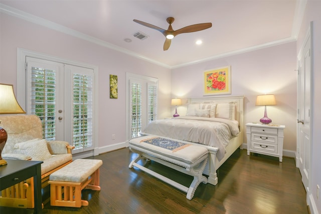 bedroom featuring access to exterior, dark hardwood / wood-style flooring, ceiling fan, crown molding, and multiple windows