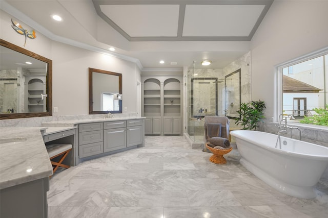 bathroom with shower with separate bathtub, vanity, built in features, and crown molding