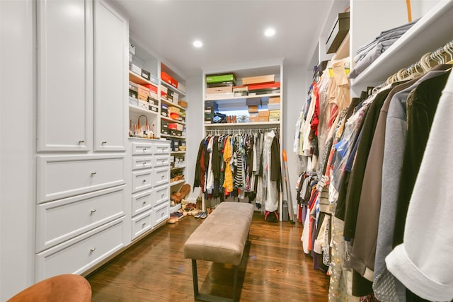 walk in closet with dark hardwood / wood-style floors