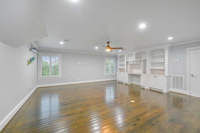 unfurnished living room with ceiling fan, crown molding, and a wealth of natural light