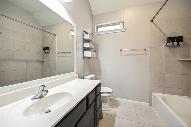 full bathroom featuring tile patterned flooring, vanity, lofted ceiling, and toilet