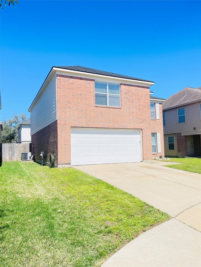 view of front of home featuring a front yard, fence, an attached garage, concrete driveway, and brick siding