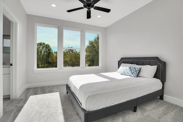 bedroom featuring carpet flooring, ceiling fan, and lofted ceiling