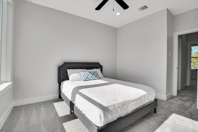 bedroom featuring carpet flooring and ceiling fan