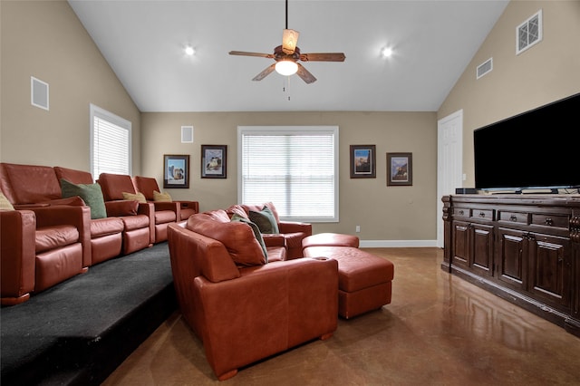 living room with ceiling fan and lofted ceiling